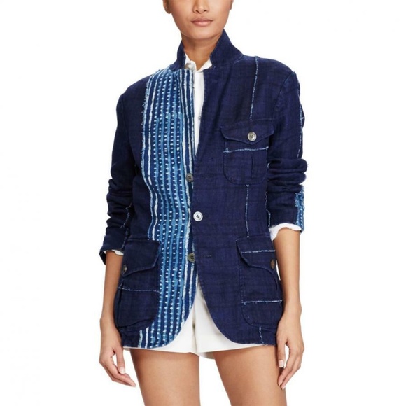 $498 Polo Ralph Lauren Indigo Linen Tie Dye Boho Patchwork Blazer Jacket Size 0 - Picture 2 of 7